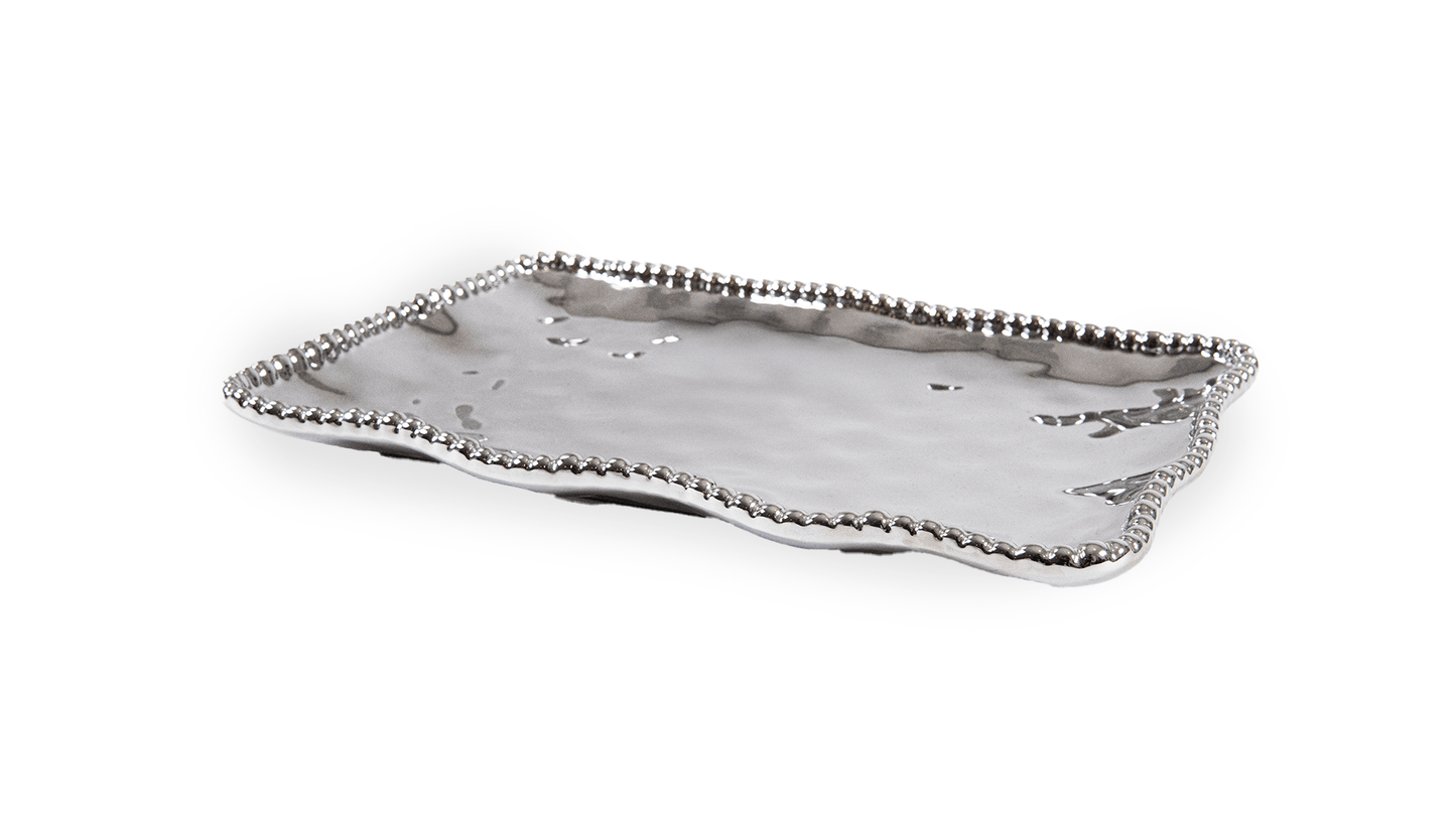 CHAROLA PORCELANA RECTANGULAR ANCHO CON BOLITAS TODO PLATEADO - VERANDA INTERIORES
