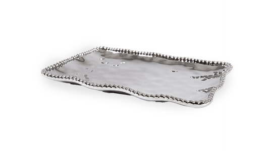 CHAROLA PORCELANA RECTANGULAR ANCHO CON BOLITAS TODO PLATEADO - VERANDA INTERIORES