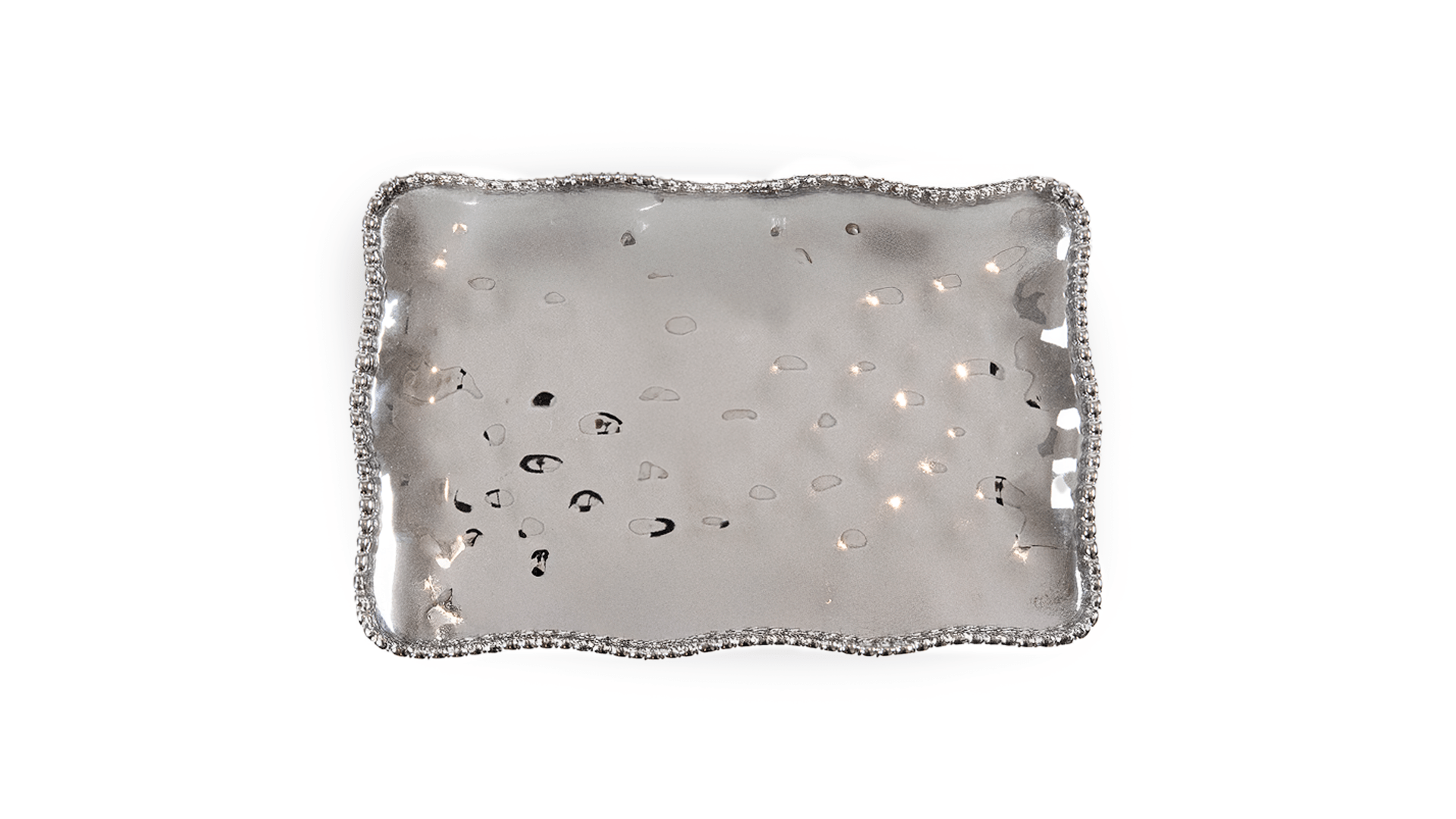 CHAROLA PORCELANA RECTANGULAR ANCHO CON BOLITAS TODO PLATEADO - VERANDA INTERIORES