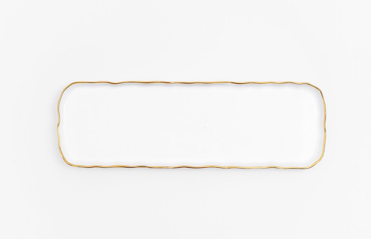 CHAROLA PORCELANA RECTANGULAR BLANCO CON LINEA ORILLA DORADA - VERANDA INTERIORES