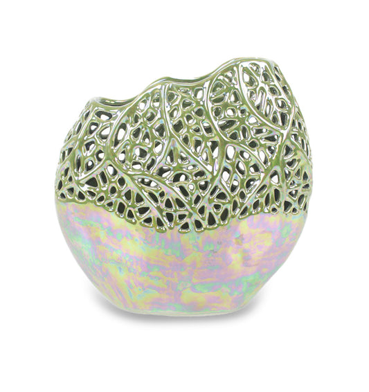 LACEWORK CERAMIC VASE IN METALLIC GLAZE OF SAGE GREEN