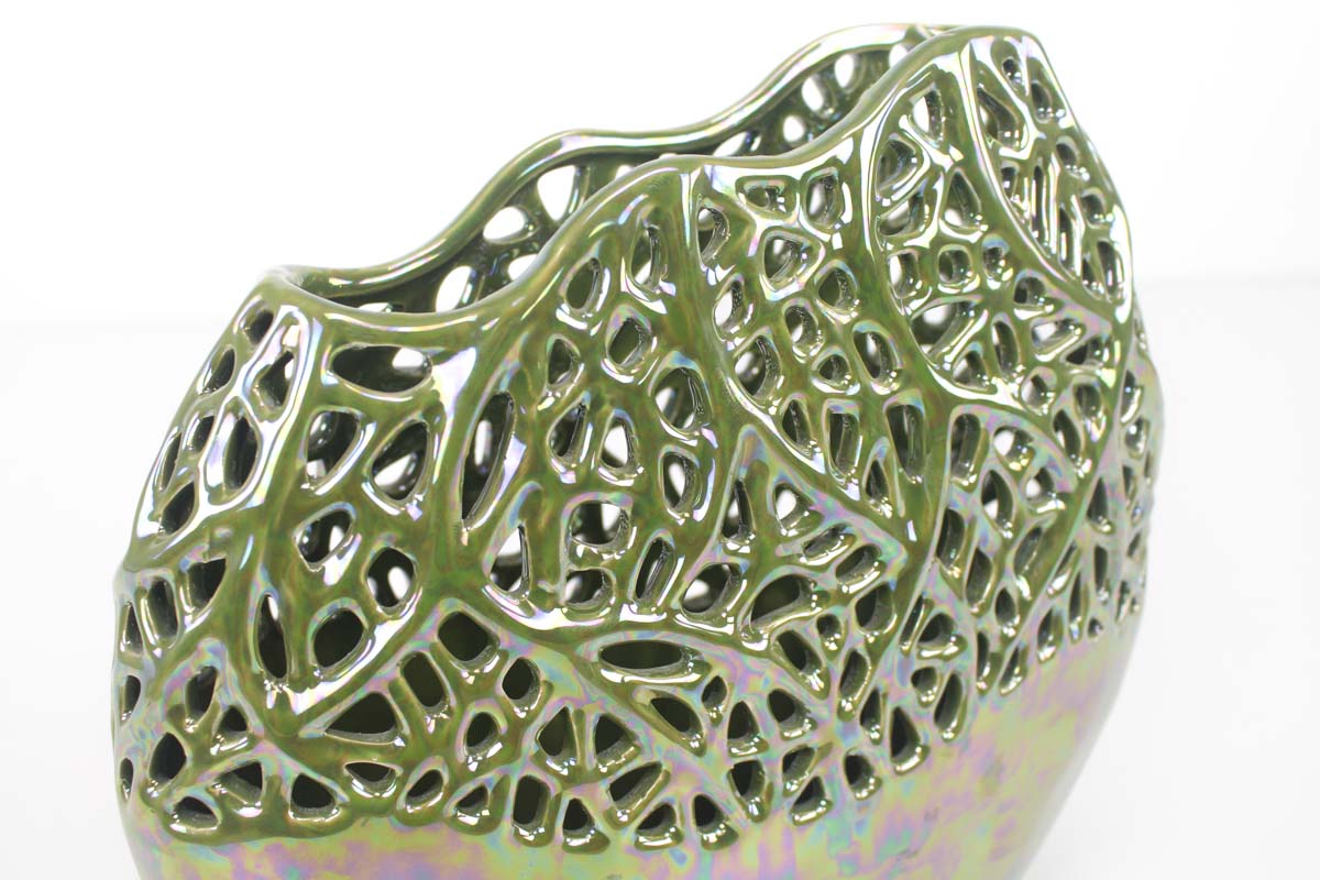 LACEWORK CERAMIC VASE IN METALLIC GLAZE OF SAGE GREEN - VERANDA INTERIORES