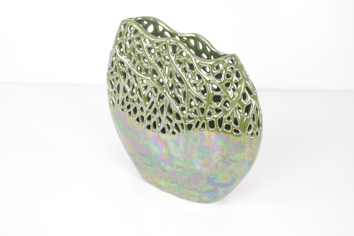 LACEWORK CERAMIC VASE IN METALLIC GLAZE OF SAGE GREEN - VERANDA INTERIORES
