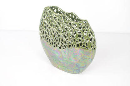 LACEWORK CERAMIC VASE IN METALLIC GLAZE OF SAGE GREEN - VERANDA INTERIORES