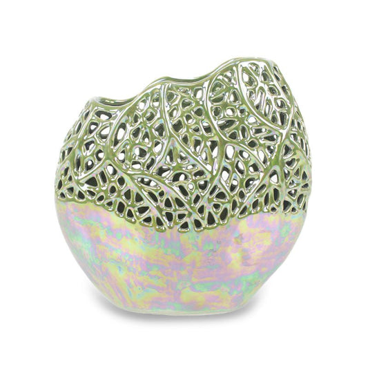 LACEWORK CERAMIC VASE IN METALLIC GLAZE OF SAGE GREEN - VERANDA INTERIORES