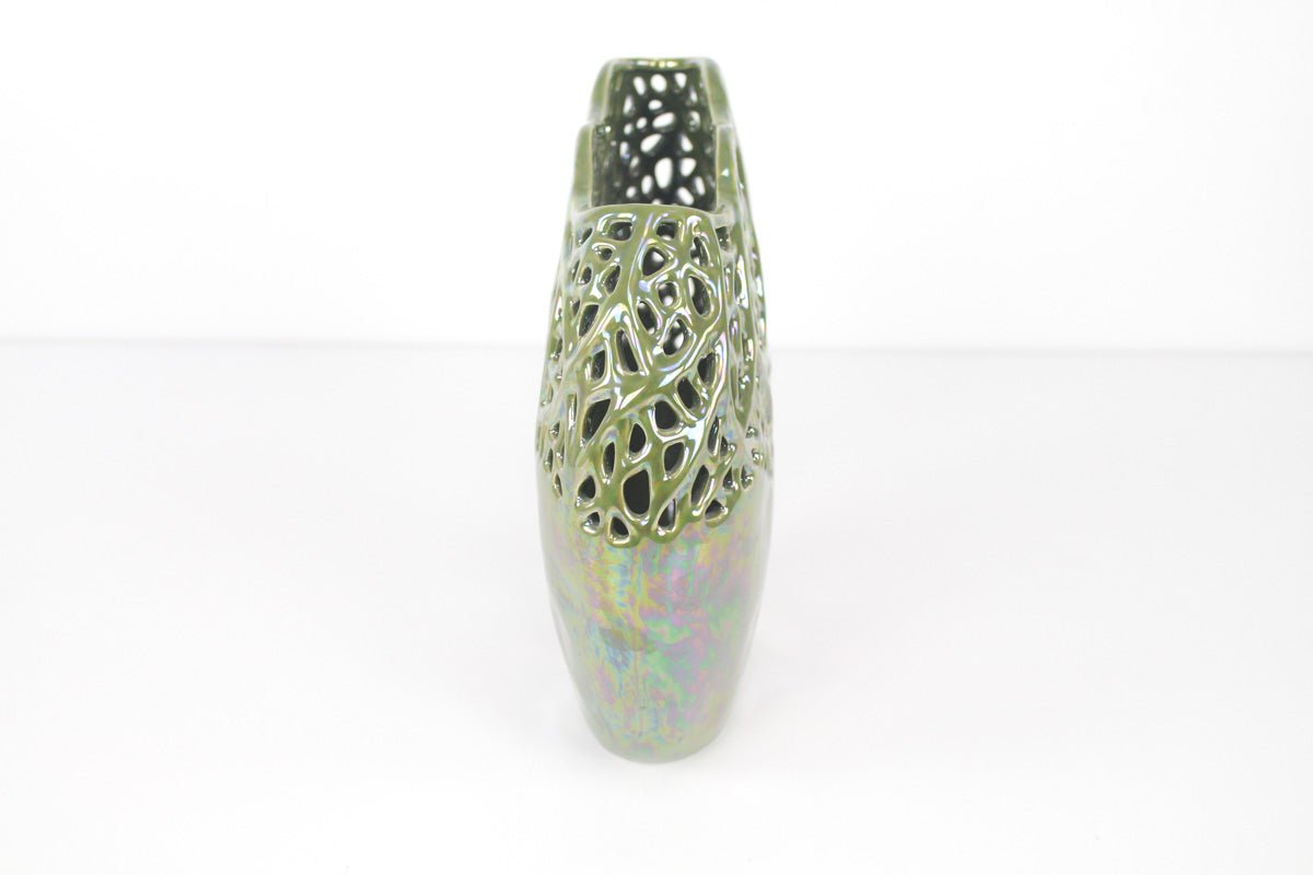 LACEWORK CERAMIC VASE IN METALLIC GLAZE OF SAGE GREEN - VERANDA INTERIORES